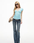 IAMXIAA Ruched V-Neck Button Front Slim Fit Short Sleeve Stretch Tee