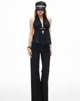 IAMXIAA Sequin Waist Halter Open-Back Peplum Top