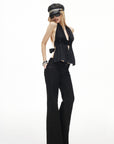 IAMXIAA Sequin Waist Halter Open-Back Peplum Top