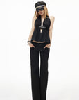 IAMXIAA Sequin Waist Halter Open-Back Peplum Top