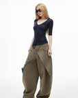 IAMXIAA Layered Waist Button Detail Wide-Leg Barrel Pants