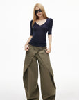 IAMXIAA Layered Waist Button Detail Wide-Leg Barrel Pants