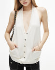 IAMXIAA Deep Halter Open-Back Button Knit Tank Top