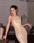 ROVENTE Rhinestone Mesh Halter Maxi Dress