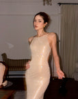 ROVENTE Rhinestone Mesh Halter Maxi Dress