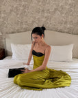 ROVENTE Contrast Bust Satin Flared Maxi Dress