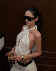 ROVENTE Draped Halter Tie-Neck Cutout Top