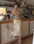 Hydrae Satin Asymmetric Midi Skirt with Draped Side Detail