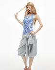 IAMXIAA Striped Open-Back Cowl Neck Halter Tie Top