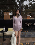 Hydrae Lilac Soft Knit V-Neck Draped Wool Long Sleeve Fitted Top