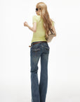IAMXIAA Low-Rise Eyelet Pocket Distressed Flared Denim Jeans with Vintage Wash
