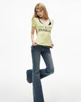IAMXIAA Low-Rise Eyelet Pocket Distressed Flared Denim Jeans with Vintage Wash