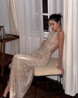 ROVENTE Rhinestone Mesh Halter Maxi Dress