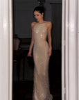 ROVENTE Rhinestone Mesh Halter Maxi Dress