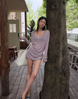 Hydrae Lilac Soft Knit V-Neck Draped Wool Long Sleeve Fitted Top