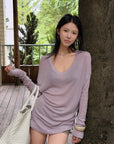 Hydrae Lilac Soft Knit V-Neck Draped Wool Long Sleeve Fitted Top