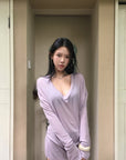 Hydrae Lilac Soft Knit V-Neck Draped Wool Long Sleeve Fitted Top