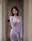 Hydrae Lilac Soft Knit V-Neck Draped Wool Long Sleeve Fitted Top