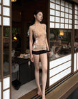Hydrae Floral Embroidered Sheer Halter Top with High Neck Detail & Ruched Bodycon Silhouette