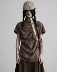 DOINDULGE High Neck Ruched Button T-Shirt