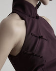 DOINDULGE Mandarin Collar Frog Button Fitted Top