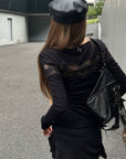 Rase le sol Lace-Panel Off-Shoulder Fitted Long-Sleeve T-Shirt