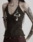 DOINDULGE V-Neck Halter Embroidered Knit Top