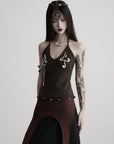 DOINDULGE V-Neck Halter Embroidered Knit Top