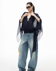 IAMXIAA Haut portefeuille à nouer avec manches cape transparentes