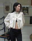 Hydrae Gathered High-Neck Cropped Shirt with Convertible Collar and Sculpted Volume Sleeves