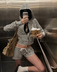 ROVENTE Striped Terry Zip Hoodie & Shorts Set
