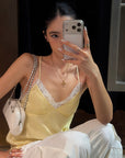 ROVENTE Lace Trim Ruched Satin Camisole Top