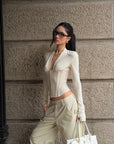 ROVENTE Draped Plunge Corset Long Sleeve Top