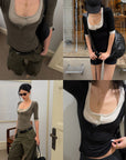 ROVENTE Faux-Layer Scoop Neck Henley T-Shirt