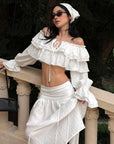 ROVENTE Ruffled Off-Shoulder Top & Draped Skirt Set