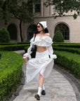 ROVENTE Ruffled Off-Shoulder Top & Draped Skirt Set