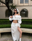 ROVENTE Ruffled Off-Shoulder Top & Draped Skirt Set