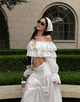 ROVENTE Ruffled Off-Shoulder Top & Draped Skirt Set