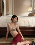 Hydrae Low-Rise Ribbed Midi Skirt with Lace-Trim Waist