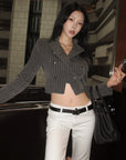 Hydrae Pinstripe Double-Breasted Military Cropped Tailored Jacket