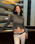 Hydrae Pinstripe Double-Breasted Military Cropped Tailored Jacket