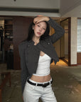 Hydrae Pinstripe Double-Breasted Military Cropped Tailored Jacket