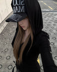 Rase le sol Hooded Cowl-Neck Button-Detail Long-Sleeve T-Shirt