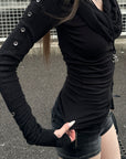Rase le sol Hooded Cowl-Neck Button-Detail Long-Sleeve T-Shirt