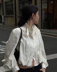 Hydrae Gathered High-Neck Cropped Shirt with Convertible Collar and Sculpted Volume Sleeves