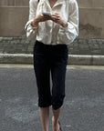 Hydrae Gathered High-Neck Cropped Shirt with Convertible Collar and Sculpted Volume Sleeves