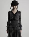 DOINDULGE V-Neck Smocked-Waist Long-Sleeve Blouse