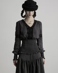 DOINDULGE V-Neck Smocked-Waist Long-Sleeve Blouse