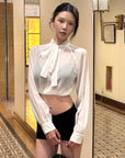 Hydrae Sheer Glitter High-Neck Draped Balloon-Sleeve Cropped Blouse