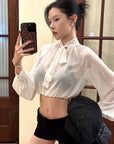 Hydrae Sheer Glitter High-Neck Draped Balloon-Sleeve Cropped Blouse